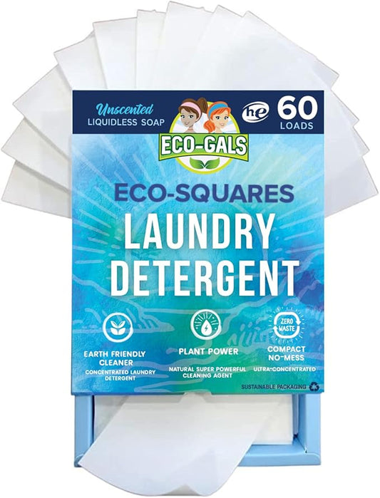 Eco-Squares laundry detergent sheets with zero waste dry soap technology for cleaning linen and clothes in regular and high efficiency top or front load washing machines, Unscented