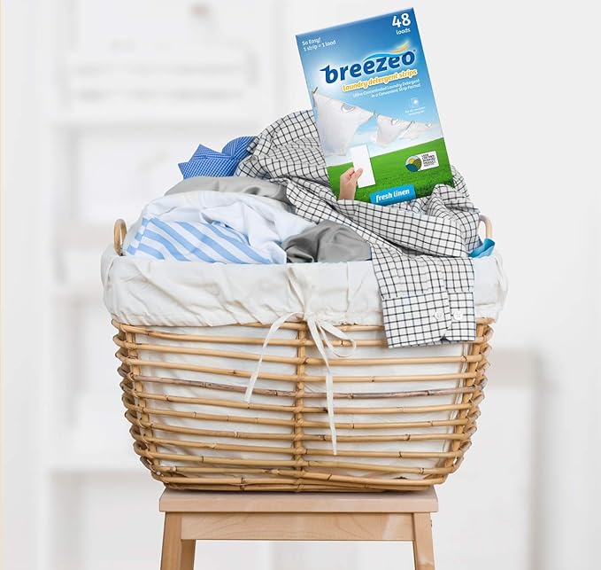 Breezeo Laundry Detergent Strips (48 strips) - Fresh Linen Scent - More Convenient than Pods, Pacs, Liquids or Powders – Great for Home, Dorm, Travel, Camping & Hand-Washing (Pack of 2)