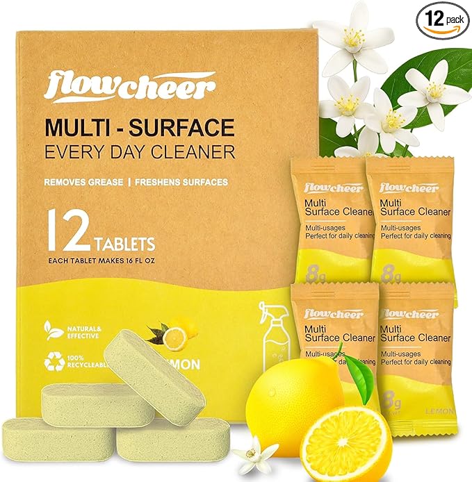 Flowcheer All Purpose Cleaner Concentrate Refills, Multi Surface Clean Refill,No Toxic Cleaning Tablets(12Pack)-Makes 192 fl oz(12x16Fl oz)Bottles of Spray Cleaner for Household&Kitchen Cleaning-Lemon