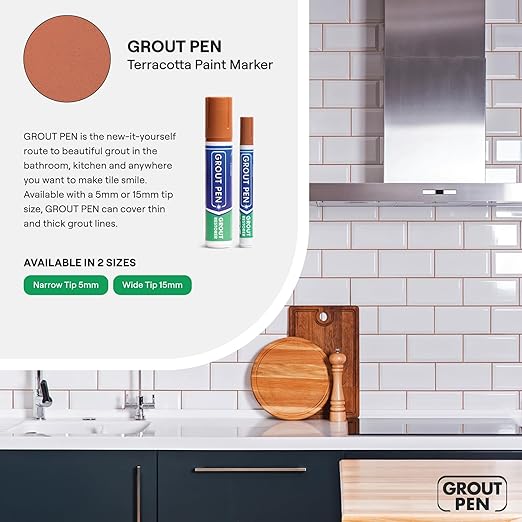 Grout Pen Tile Paint Marker: Waterproof Grout Paint, Tile Grout Colorant and Sealer Pen - Narrow 5mm, 2 Pack with Extra Tips (7mL) - Terracotta