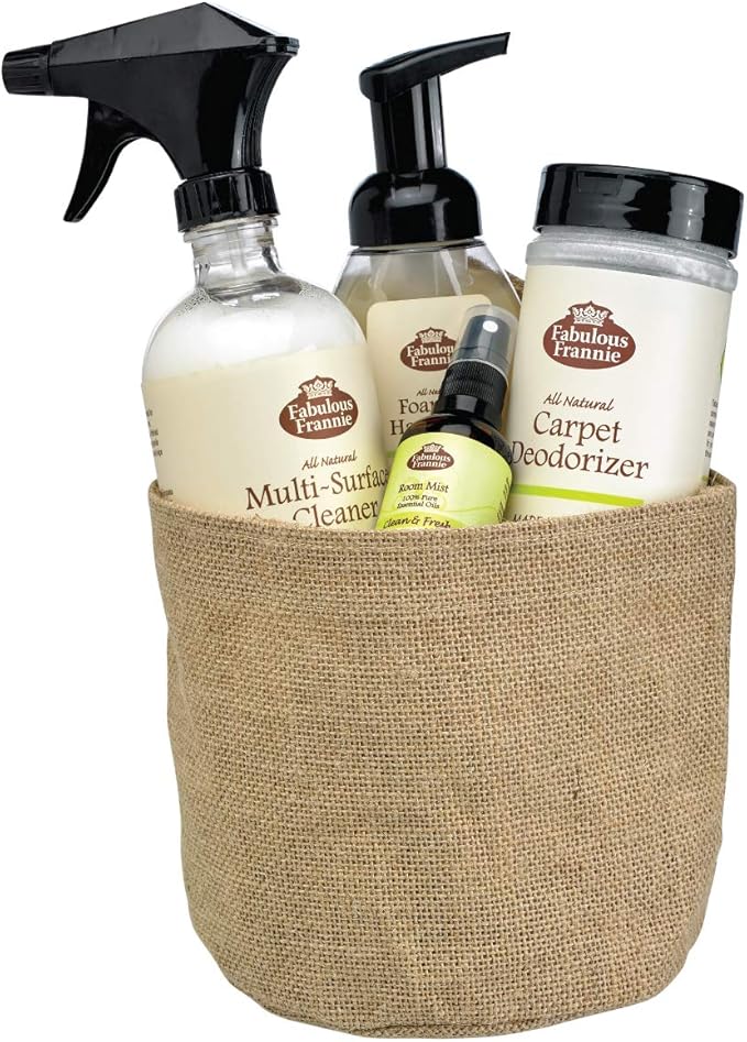 Fabulous Frannie All Natural Clean and Fresh Scent House Gift Basket includes 16oz Multi-Surface Cleaner, 16oz Carpet Care, 8oz Foam Soap, and Clean and Fresh Room Mist.