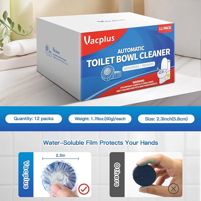 Vacplus Automatic Toilet Bowl Cleaner Tablets, Drop-In Tank Cleaner for Bathroom, Prevent Stains & Deodorize, Long-Lasting Cleaning Tabs, Easy-Use Freshener for Bowl & Tank, 12 Pack