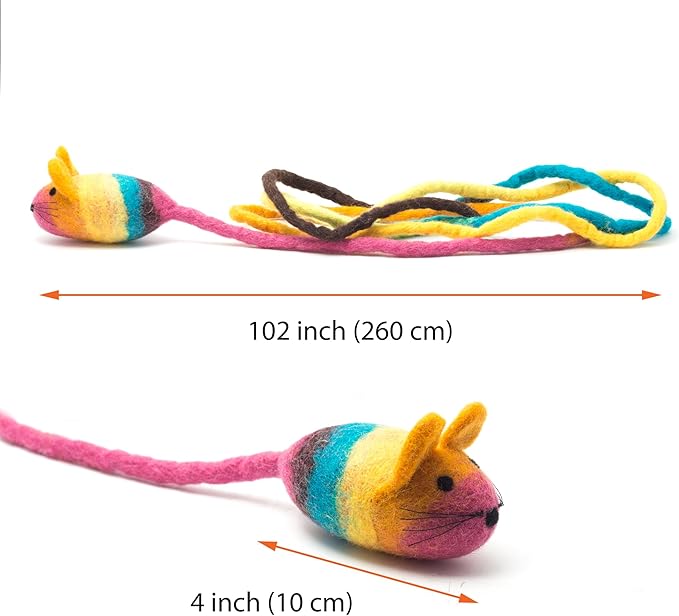 Glaciart One Felt Mouse Cat Toy – Soft Fuzzy Enrichment 100% Natural Wool - Interactive Catnip Play Cat Toy Set - Safe for Pets, Non-AZO Colored Dyes - 100” Long