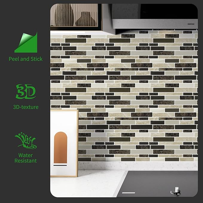 LONGKING 10-Sheet Brown Peel and Stick Backsplash Tile for Kitchen, Vinyl Stick on Tile Stickers for Wall, Kitchen, Bathroom, Counter Top