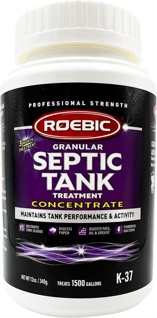 Roebic K-37 Granular Septic Tank Treatment, Bacterial Enzyme Formula for Clog Prevention, Odor Control, Safe for Bathroom, Toilet, Treats 1500 Gallons, 12 oz Concentrate Bottle