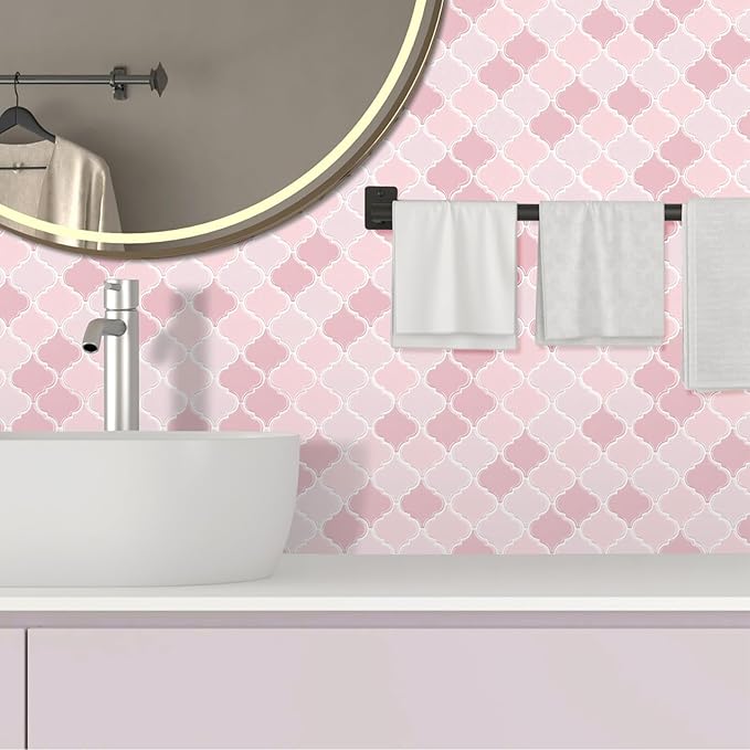 Pink Arabesque Tiles Peel and Stick Backsplash for Kitchen, WalDecoo 10-Sheet Stick on Tiles Kitchen Backsplash, Pink Peel and Stick Wall Tiles（12''×12''）