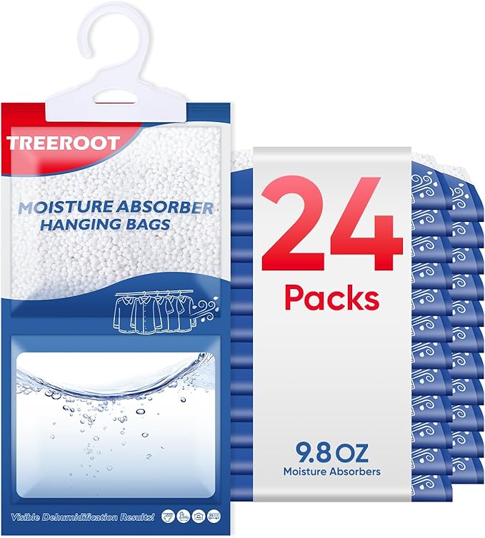 24 Pack Moisture Absorbers for Closet, 9.8OZ Hanging Closet Dehumidifier Bags, Hanging Humidity Absorber in Wardrobes, Kitchens and Bathrooms