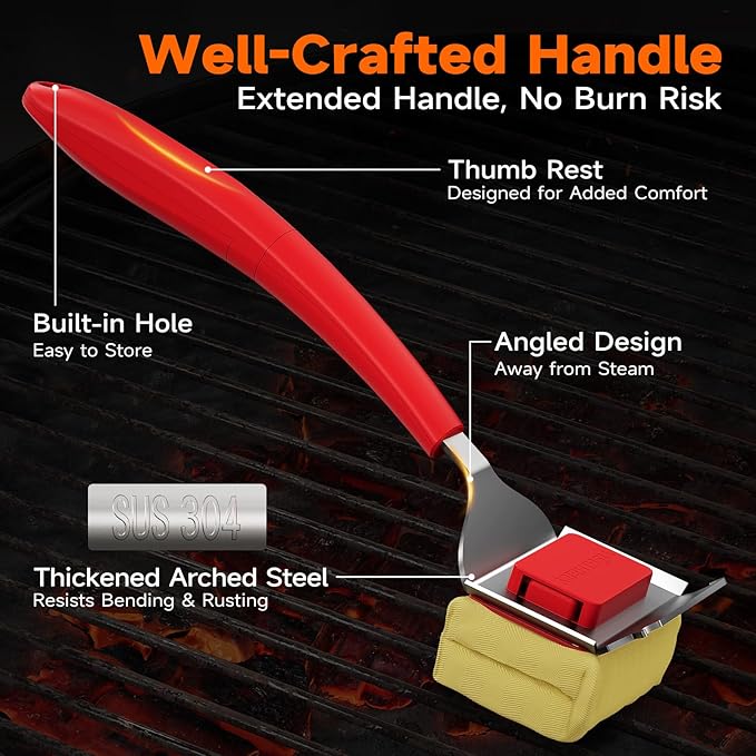 Bristle Free Grill Brush with Scraper for Outdoor Grill Cleaning, Safe Steam BBQ Grill Cleaner, Replaceable Head, Grilling Accessories for Cast Iron, Stainless Steel, Porcelain, Ceramic Grates - Red