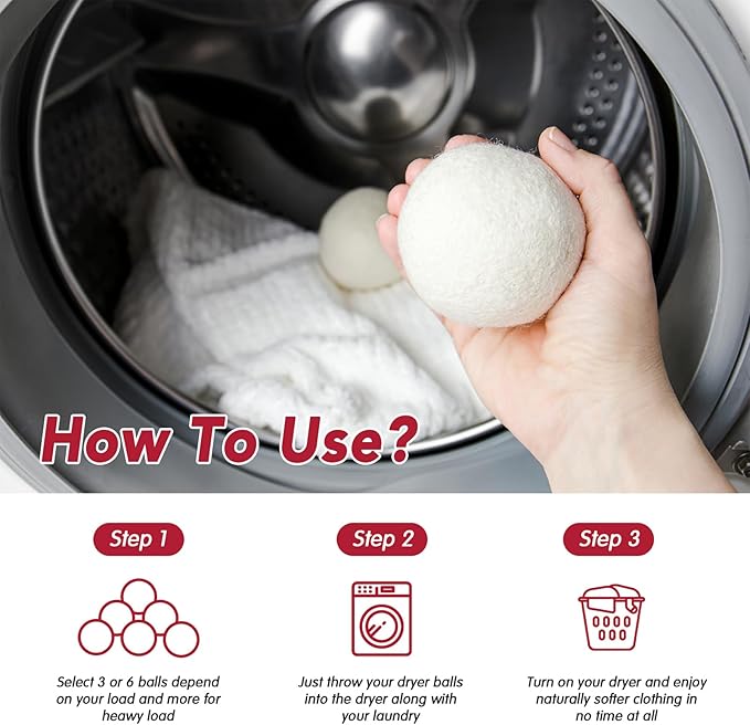 100% New Zealand Wool Dryer Balls XL Size – 6 Pack, Organic & Chemical-Free Fabric Softener, Baby Safe & Hypoallergenic, Reduces Static, Wrinkles & Drying Time, Reusable for 1000+ Loads