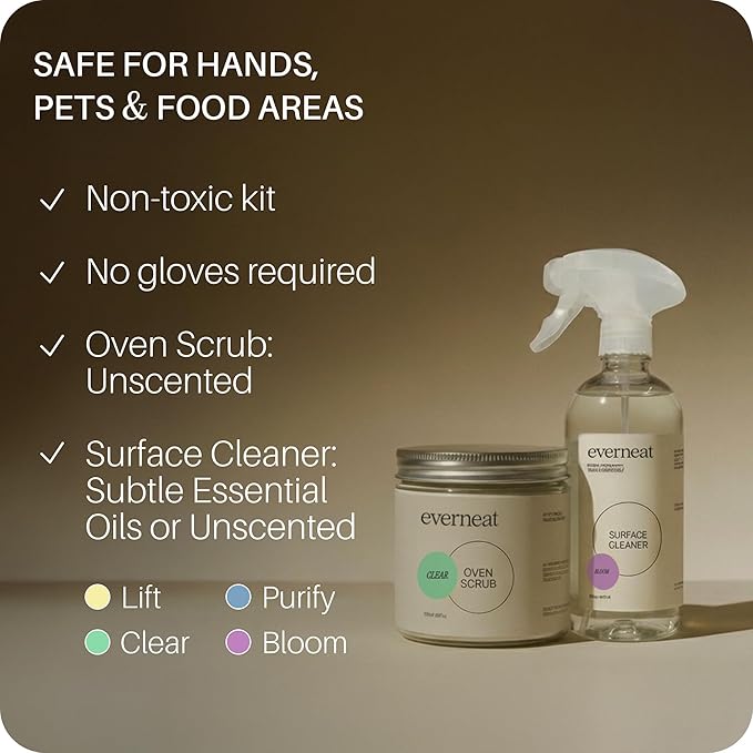 Everneat Oven Cleaning Kit: Natural Oven Cleaner and Kitchen Cleaner | Heavy Duty Oven Cleaner & Oven Rack Cleaner Kit | Fume-free & Safe to Clean All Ovens (Bloom) | Refillable Plastic Jar & Bottle