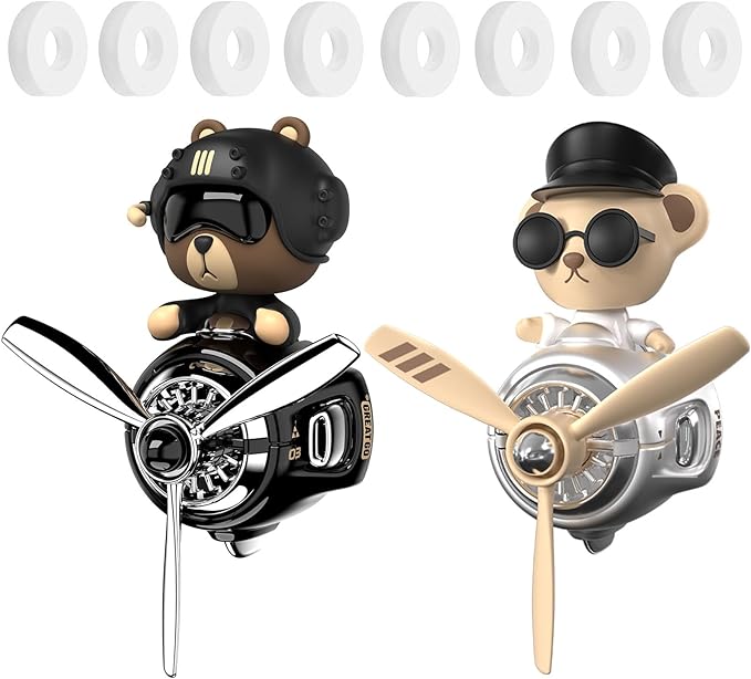 2Pcs Car Air Fresheners, Cute Bear Pilot Automotive Air Outlet Creative Car Perfume Diffuser, Automotive Accessories Air Vent Decoration with 8 Fragrant Tablets (Black 1+Silver 1)