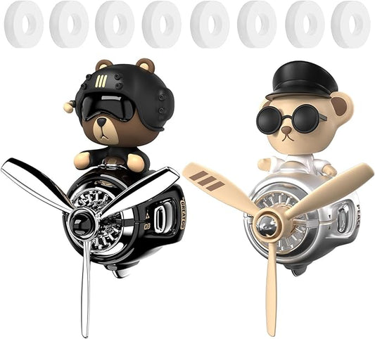 2Pcs Car Air Fresheners, Cute Bear Pilot Automotive Air Outlet Creative Car Perfume Diffuser, Automotive Accessories Air Vent Decoration with 8 Fragrant Tablets (Black 1+Silver 1)
