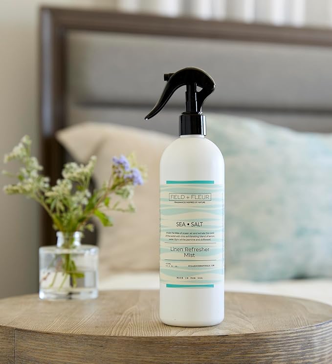 FIELD FLEUR Sea Salt Linen & Room Spray 15.5 oz - Aromatic & Refreshing Bedding & Fabric Mist - Air Freshener for Clothes & Sofas - Notes of Lemon, Water Lily, Jasmine & Driftwood - Made in USA