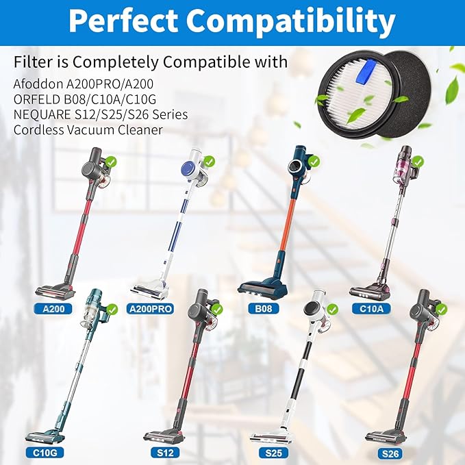 4 Pack HEPA Filters and 8 Pack Sponge Filters Replacement for Afoddon A200Pro/A200, ORFELD B08/C10A/C10G and NEQUARE S12 S25 S26 Series Cordless Vacuum Cleaner with Brush