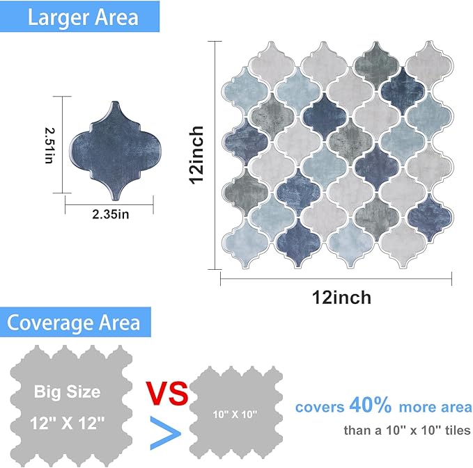 Arabesque Peel and Stick Backsplash for Kitchen, Thicker Design 3D Self Adhesive Wall Tile, 12"x12" Peel and Stick Wall Tiles, 10-Sheet Stick on Tiles for Kitchen and Bathroom (Mix Blue).