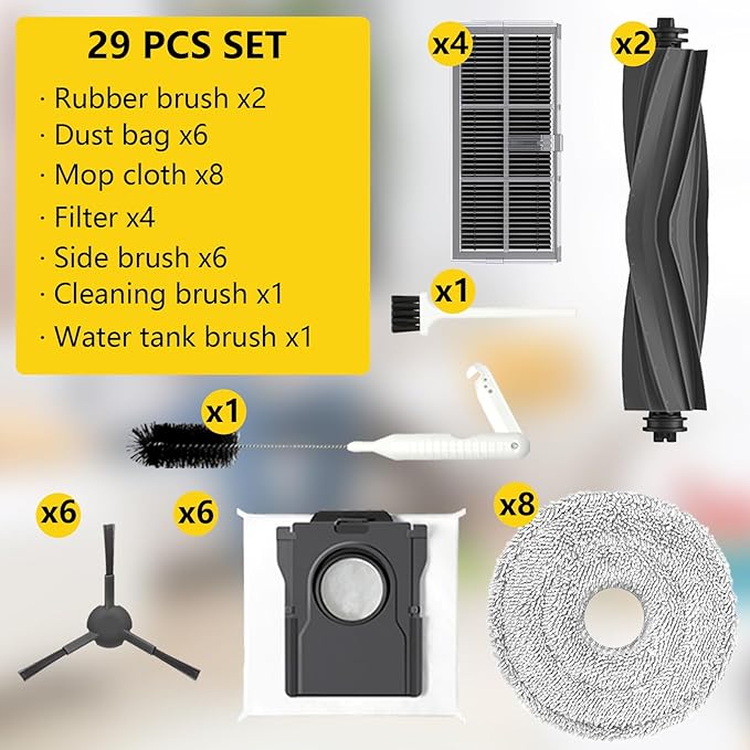 X30 Ultra Replacement Parts for Dreame L10s Pro Ultra Heat/l10s ultra gen 2/D30 Ultra /L40s Ultra CE &Mova E30,Accessories: 2*Main Brush,6*Dust Bags,8*Mop,4 HEPA Filter