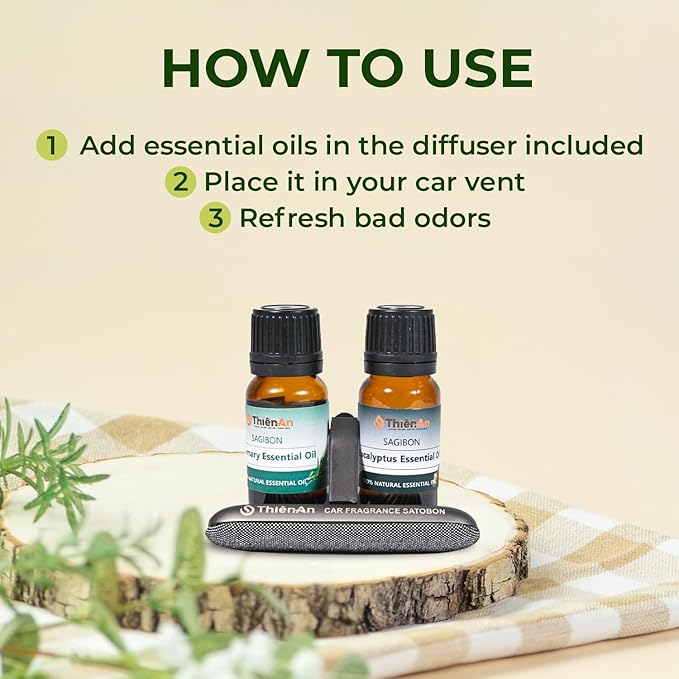 THIEN AN - Car Air Fresheners Set Rosemary and Eucalyptus Scents Natural Car Fragrance Satobon with Car Diffuser (10ml) Car Vent Clips, Refillable Car Air Fresheners