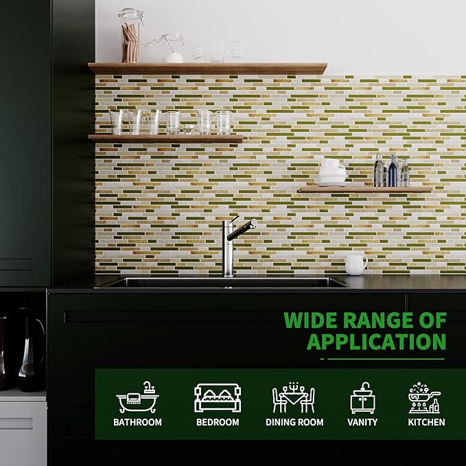 LONGKING 10-Sheet Self-Adhesive Peel and Stick Backsplash for Kitchen, Vinyl Decorative Tiles (Chrysophoron)