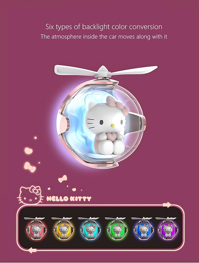 Kitty Car Air Freshener, Cute Pink Cat Pilot Air Vent Clip Interior Accessory, with 6 Color Changes, Rotating Propeller Car Air Outlet Fan, Creative Cartoon Car Air Freshener