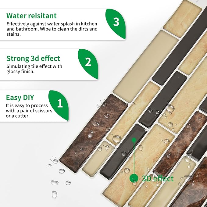 LONGKING 10-Sheet Brown Peel and Stick Backsplash Tile for Kitchen, Vinyl 3D Self-Adhesive Tile Stickers for Kitchen, Bathroom, Counter Top