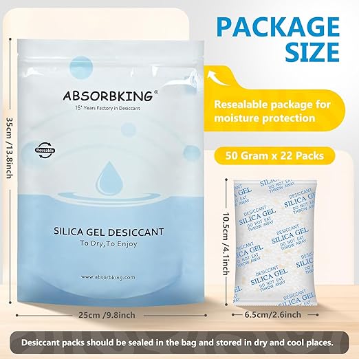 Moisture Absorbers - 50 Gram 22 Packs Silica Gel Packets with Color Indicating, Desiccant Packs for Storage, Food Grade Silica Packets for Seeds, 3D Filaments, Electronics, Safes