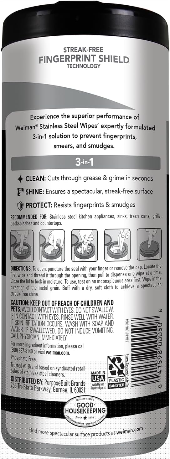 Weiman Stainless Steel Cleaner & Polish Kit, 2 Wipes & Cloth, Anti-Fingerprint, Removes Grease, Water Spots, Streaks & Residue, Polishing Cleaner Safe for Appliances, Chrome, Sinks & Grill Exteriors