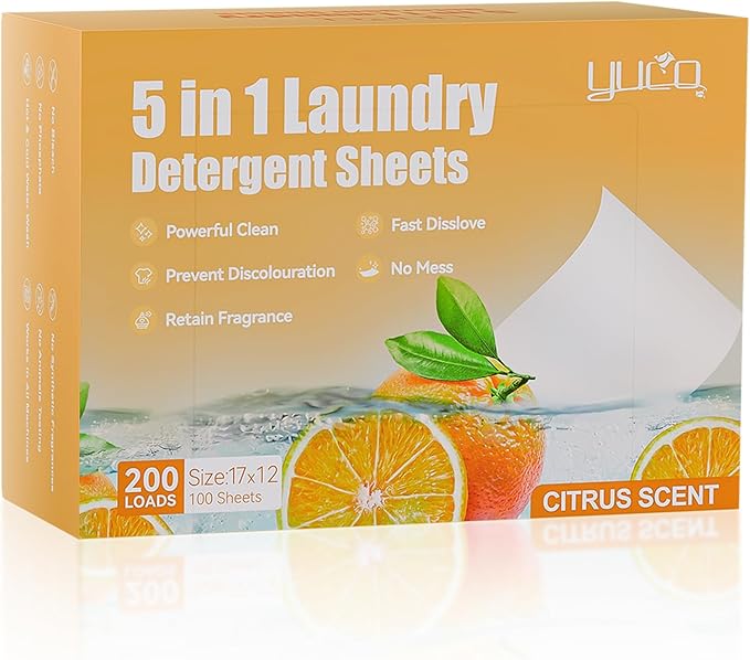 YUCO Laundry Detergent Sheets-Liquidless Eco-Friendly Travel Laundry Sheets Detergent for Travel No Plastic & Hypoallergenic (Citrus)