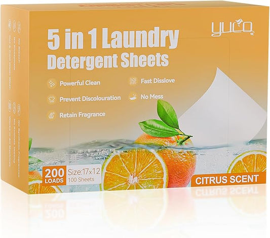YUCO Laundry Detergent Sheets-Liquidless Eco-Friendly Travel Laundry Sheets Detergent for Travel No Plastic & Hypoallergenic (Citrus)