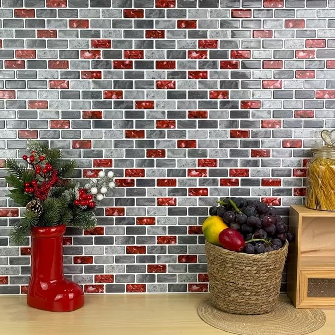 Marble Peel and Stick Backsplash for Kitchen, 10-Sheet Stick on Backsplash for Bathroom, Large Self-Adhesive Kitchen Backsplash, Red Marble Look Decorative Tiles（12"×12"）