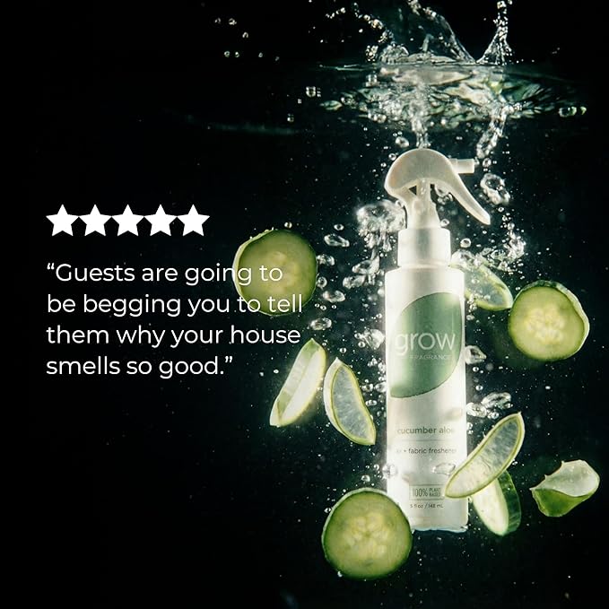 Grow Fragrance Certified Non Toxic, 100% Plant Based Fabric and Room Air Freshener Spray. Made with All Natural Essential Oils (Cucumber Aloe 2 Pack) 2 x 5oz