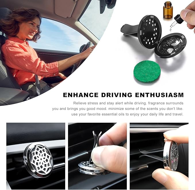 2PCS 30mm Car Diffuser Vent Clips, Tree of Life Aromatherapy Essential Oil Diffuser Locket with 12 Felt Pads, Stainless Steel Car Diffuser Locket Air Freshener (Style 2)