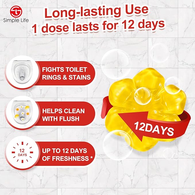 Simple Life Toilet Gel Stamp – Fresh Flower Scent, Anti-Limescale Toilet Cleaner Gel, Deodorizing & Long-Lasting Freshness, 64 Stamps, Blue & Yellow
