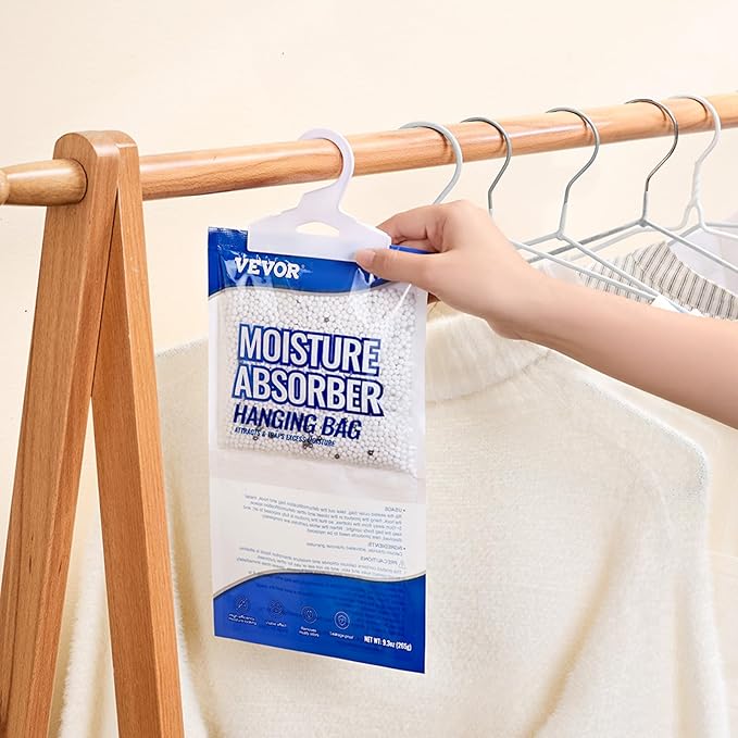 VEVOR Hanging Moisture Absorber, 9.3 oz Hanging Closet Dehumidifier Bags(10 Packs), Fragrance Free Moisture Bags in Wardrobes, Bedrooms, Bathrooms