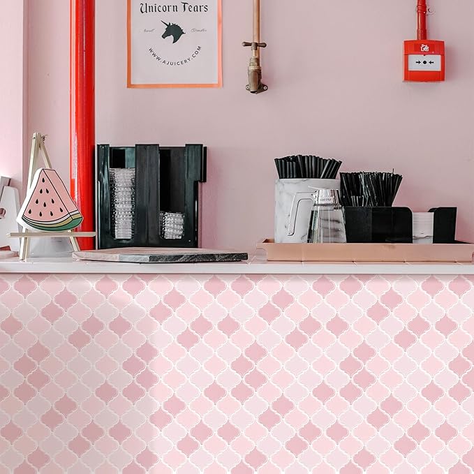 Pink Arabesque Tiles Peel and Stick Backsplash for Kitchen, WalDecoo 10-Sheet Stick on Tiles Kitchen Backsplash, Pink Peel and Stick Wall Tiles（12''×12''）
