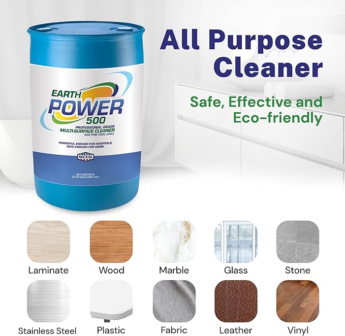 Earth Power Hypochlorous Acid 500 PPM Multipurpose Cleaner – Natural & Non-Toxic – Tile, Refrigerator, Shower, Countertop & Floor Cleaner – Family, Food & Pet Safe Cleaning Supplies – 50 Gallon