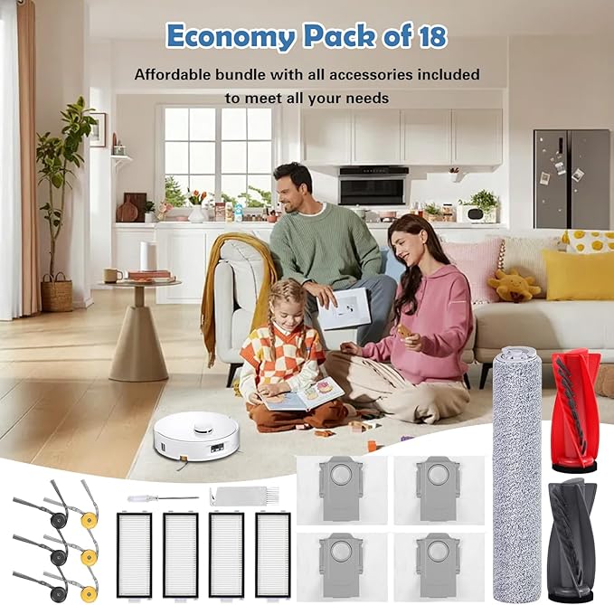 Replacement Parts for Roborock Qrevo Curv 2 Flow Robot Vacuum Cleaner Accessories, 1 Main Brush, 1 Roller Mop Cloth, 4 HEPA Filters, 4 Dust Bags, 6 Side Brushes