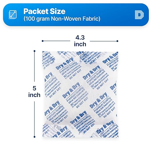 Dry & Dry 100 Gram [100 Packets] Silica Gel Packets Desiccants, Silica Packets - Rechargeable Moisture Absorbers for Food Storage, Electronics, 3D Filament & Safes
