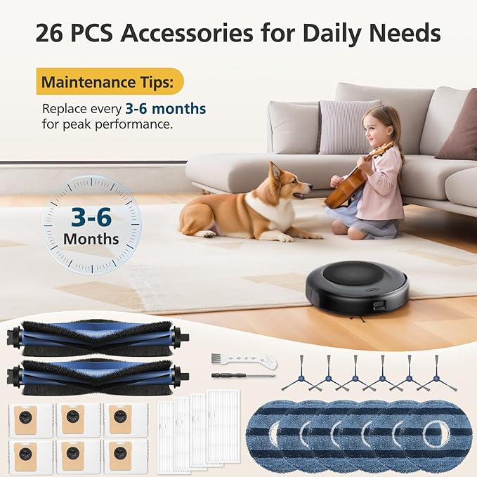 𝗢𝗺𝗻𝗶 𝗖𝟮𝟬 Accessory Kit for eufy Omni C20 Robot Vacuum, 𝟐𝟔 𝗣𝗔𝗖𝗞 Replacement Parts Include: 2* Main Rolling Brush, 4* Washable Filter, 6* Side Brush, 6* Dust Bag, 6* Mop Pad, 2 Tools