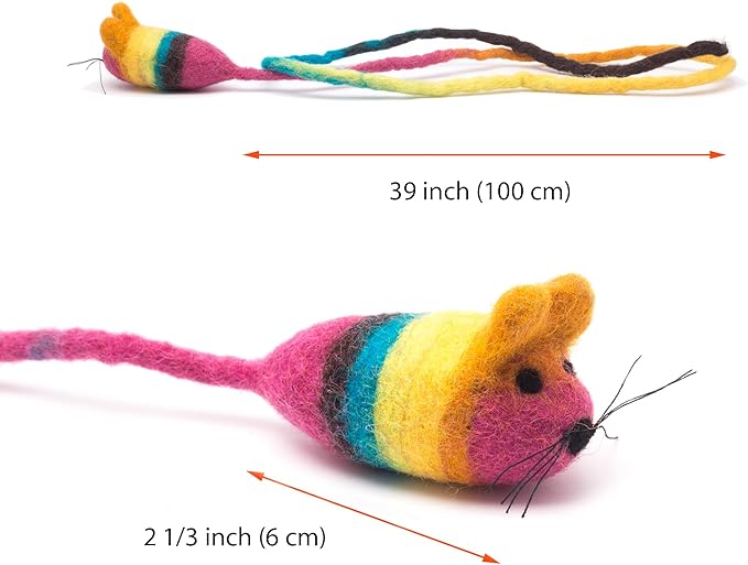 Glaciart One Felt Mouse Cat Toy – Soft Fuzzy Enrichment 100% Natural Wool - Interactive Catnip Play Cat Toy Set - Safe for Pets, Non-AZO Colored Dyes - 42” Long