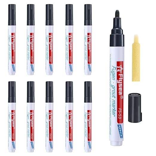 10 Pieces Tile and Wall Grout Color Pen - Repair and Refill Marker for Tiles, Floor, Kitchen, Bathroom (Black)