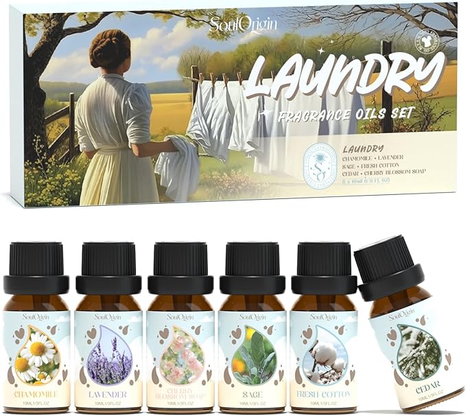 Laundry Fragrance Oils Set, Essential Oil for Diffuser, Aromatherapy Gift, Clean Scent Diffuser Oil, Use with Wool Dryer Balls,Chamomile, Fresh Cotton, Sage, Cedar, Lavender, Cherry Soap