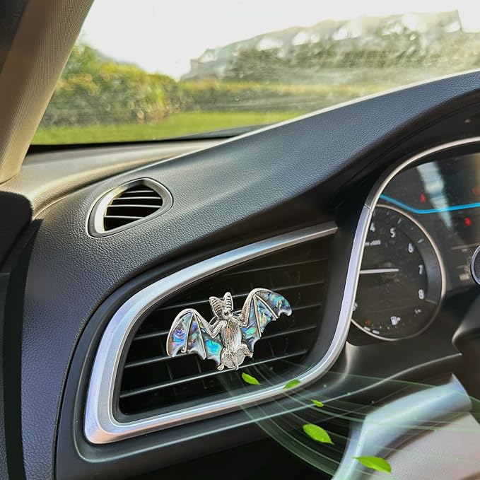 Bat Air Vent Clip Car Air Freshener Outlet Clips Natural Abalone Shell Seashell Color Vampire Bat Car Accessories Gothic Car Decor Refillable Car Diffuser Clips (Big Bat)