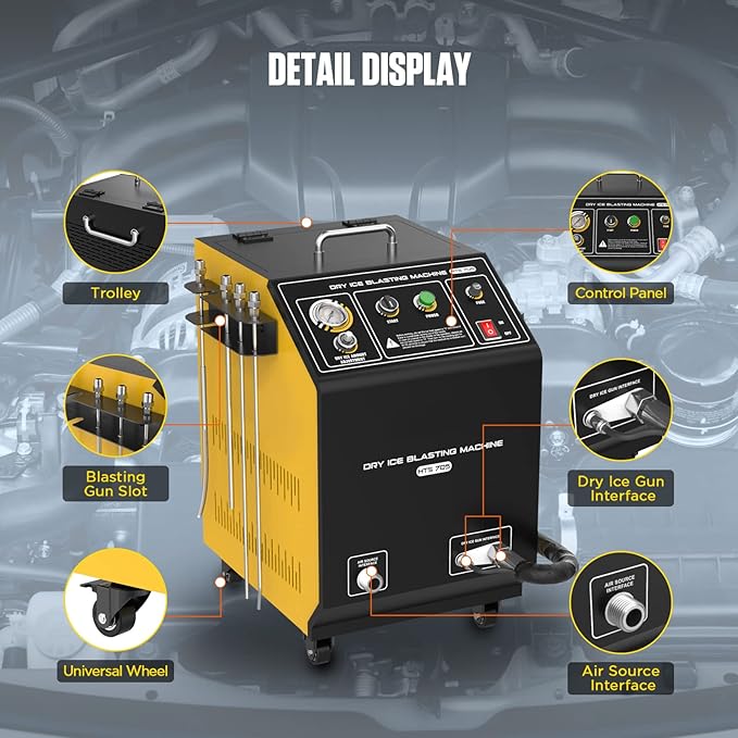 QPKING HTS705 Portable Dry Ice Blasting Machine for Auto Carbon Cleaning, 0-3.2Kg/min Adjustable, 5KG Non-Toxic Cleaner for Automotive/Aviation/Mold, 110V/220V
