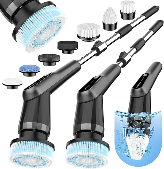 G2-Pro Electric Spin Scrubber - IPX7 Waterproof 12-in-1 Shower Cleaner Brush, Retractable Handle & 2-Speed for Bathroom, Bathtub, Kitchen, Tile Floors