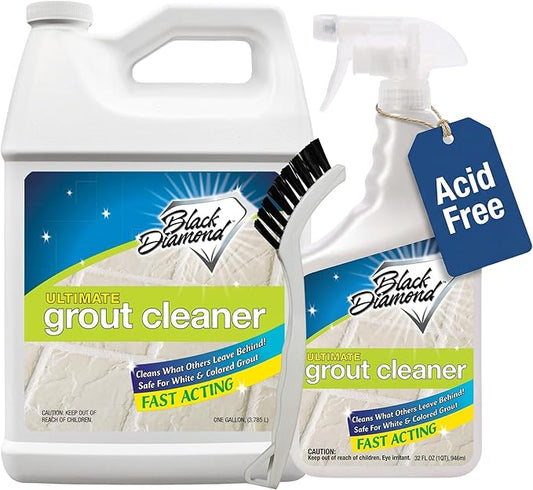 Black Diamond Ultimate Grout Cleaner: Best Cleaner for Tile, Ceramic, Porcelain, Marble Acid-Free Safe Deep Cleaner & Stain Remover for Even The Dirtiest Grout. (1-Quart/1-Gallon/sm brush)