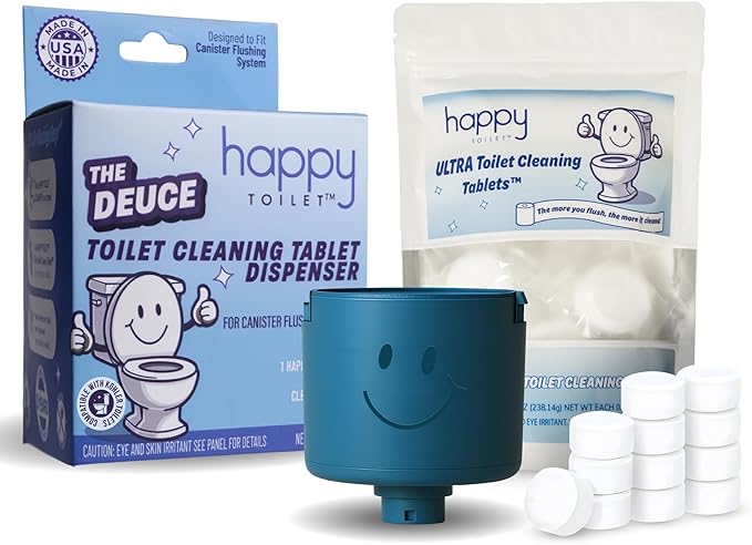 Happy Toilet Cleaner Deuce - Compatible with Kohler Toilets & Canister Flushing Systems - Automatic Toilet Bowl Cleaner Toilet Tablet Holder & 12-Pack Ultra-Strength Cleaner Tablets