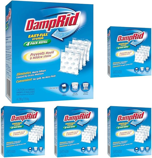 DampRid 10.5 oz Fragrance Free Absorber Easy Fill Refill Packs-4 Count ??Attracts & Traps Moisture for Fresher, Cleaner Air, Blue/White (Pack of 5)
