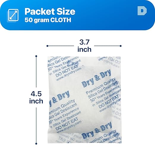 Dry & Dry 50 Gram [100 Packets] Silica Gel Packets Desiccants, Silica Packets - Rechargeable Moisture Absorbers for Food Storage, Electronics, 3D Filament & Safes