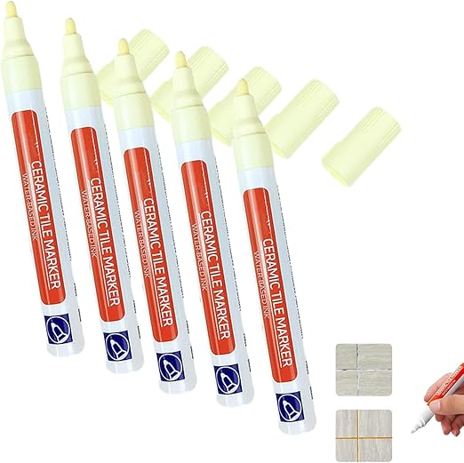 Waterproof Floor Ceramic Tile Marker,Grout Pen White Tile Paint Marker,No Faded for Home Ceramic Tile Marker Off-White,Restore Grout Lines Paint in Bathrooms & Kitchens (Beige Yellow*5pcs)