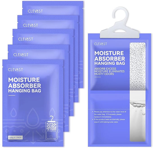 CLEVAST Moisture Absorbers Packets 5 Pack, Dehumidifier Bags for Closet, Unscented Hanging Humidity Absorber in Wardrobes, Bedrooms, Bathrooms(Net Wt. 230g/Pack)